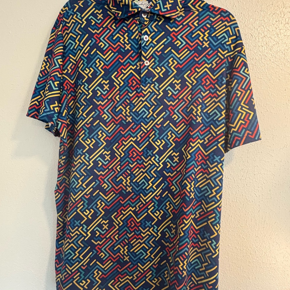Mens Large Tailor Byrd Short Sleeve Golf Shirt, Blue Multicolor Wicking Spf30